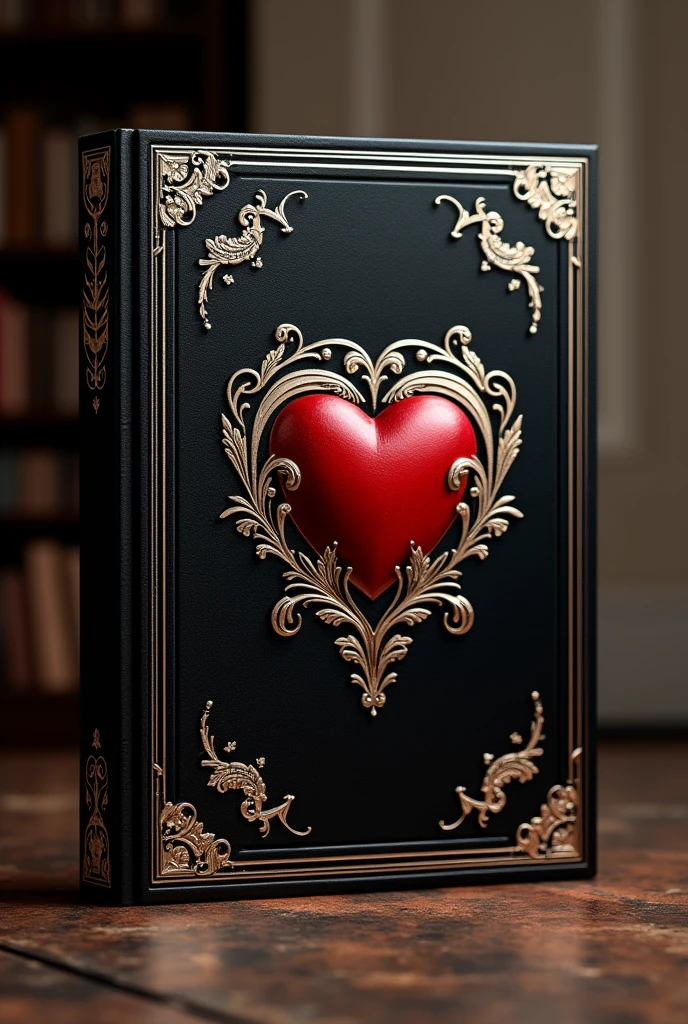 Cover for a book with The tittle "Escuela de los corazones" An elegant black book with a heart in the middle, with beautiful white and golden touches, tittle on top