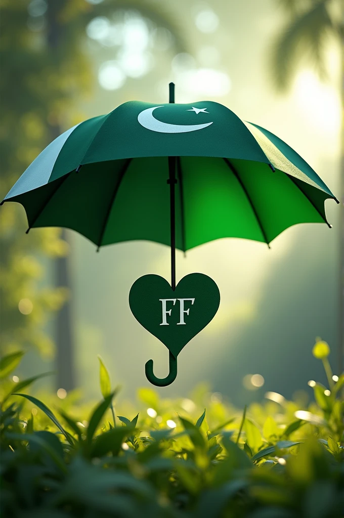 Generate an image with a Pakistani flag as an umbrella and FF inside a heart