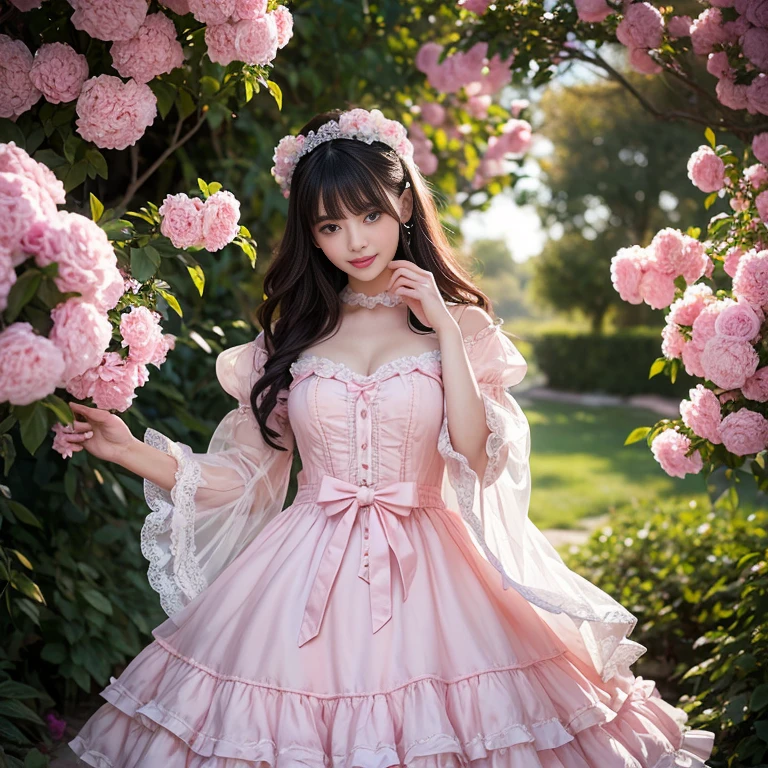 Bow tie at the back of the waist, There is a bow on the back，Sideways photo, Skirt length to calf, cupcake dress, Layered skirt with lace on each layer, Put on a lolita dress, layered dress, Pink Lolita dress, lots of lace, Long sleeve, Wide sleeves, Big Skirt, Layered lace skirt, Lace skirt，Puff sleeves, Wide sleeves, Transparent sleeves, intricate details showcase the ruffles and intricate designs of the Lolita dress, Wearing a lolita dress, in a sea of flowers, best quality, Delicate face，beautiful visual work, lifelike, eternity, black hair, Long curly hair, blunt bangs, Smile, Detailed Background, Delicate face，blush，cold，((masterpiece))、(top quality)、8k、high detail、Super detailed，41 years old，woman， masterpiece、born、Scenes resembling fairy tale illustrations、intricate details和複雜的設計、Beautifully、magic、capricious、 Beautifully、Dream aesthetics、「𝓡𝓸𝓶𝓪𝓷𝓽𝓲𝓬、ethereal、charming、fickle、magic」、realism、Visual effects、FXAA、SSAO、Shader、voiceless、ambient lighting、Tone mapping、High resolution、Ultra high quality、Million pixels、(8K resolution:1.10)、8k、8k以下、8K resolution、high detail、intricate details， (high quality:1.2、masterpiece:1.2、:1.21)、(41 years old，woman:1.21)、(興奮地Smile)、(Surrounded by a dreamy atmosphere、Model diagram，full-body shot，Normal 2 feet，Put your hands behind your back，Breast protrusion visible when wearing clothes, Large Breasts, H cup chest, pink dress, Don't show your fingers, full-body shot， full-body shot，full-body shot，full-body shot，full-body shot，full-body shot，full-body shot，full-body shot，Hands hidden in clothes, Hands hidden in clothes,Hands hidden in clothes,Hands hidden in clothes,Hands hidden in clothes,Hands hidden in clothes,Hands hidden in clothes,Hands hidden in clothes,Hands hidden in clothes, ,Hide your hands in your sleeves ,Hide your hands in your sleeves ,Hide your hands in your sleeves ,Hide your hands in your sleeves ,Hide your hands in your sleeves ,Hide your hands in your sleeves ,Hide your hands in your sleeves ,Hide your hands in your sleeves, Put your arms behind your back, Put your arms behind your back, side view