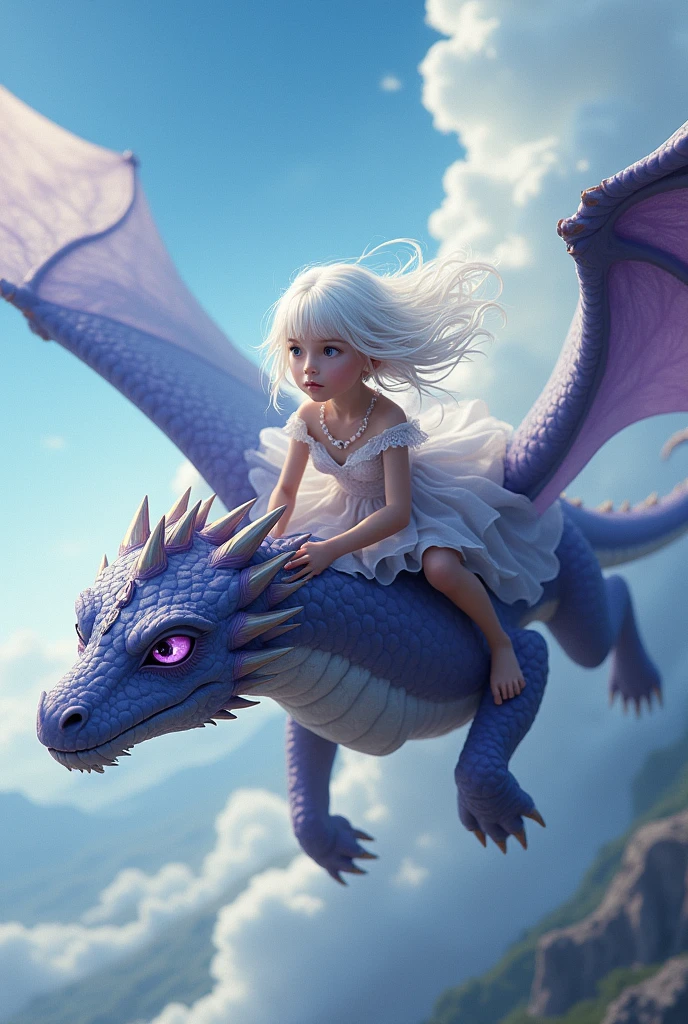 girl with white long hair and purple eyes flying on a dragon