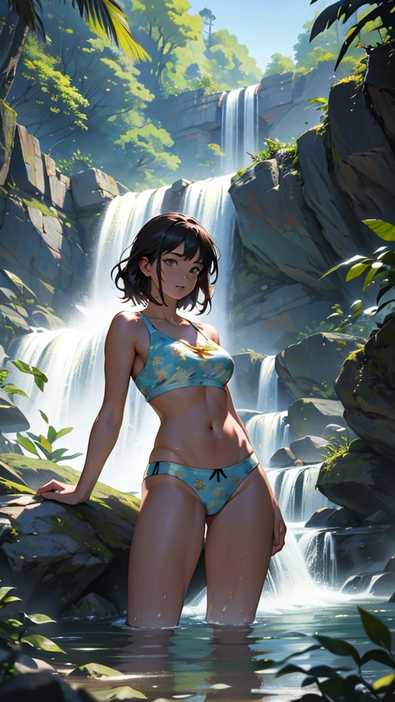 A young woman bathing in a waterfall She is wearing printed underwear Her hips are big It is evening It is sunny There are some trees nearby