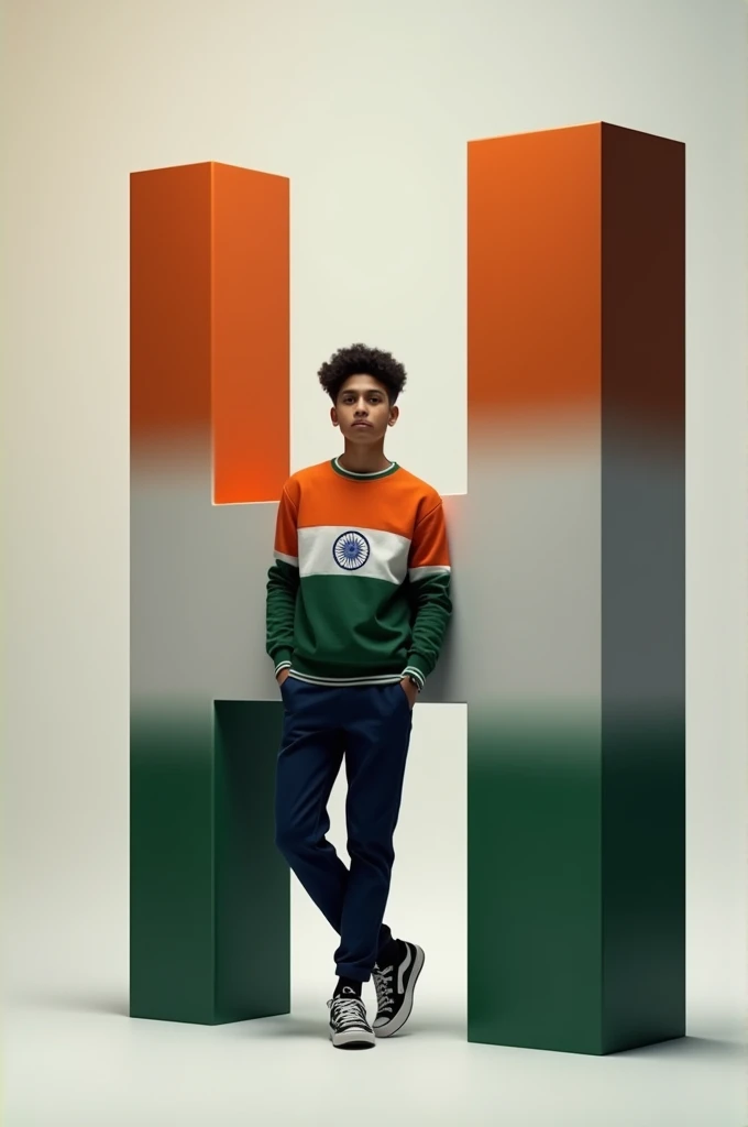 Create a 3d Realistic Image of a 18 Years Old Boy Sitting on a 3d Large Letter ‘prashant’ which has Indian Flag Color and Design and it has orange, white and green stripes and a blue Ashoka chakra in the middle. The background is a white and grey gradient background and the boy is wearing indian flag color sweat shirt with joggers and sneakers.