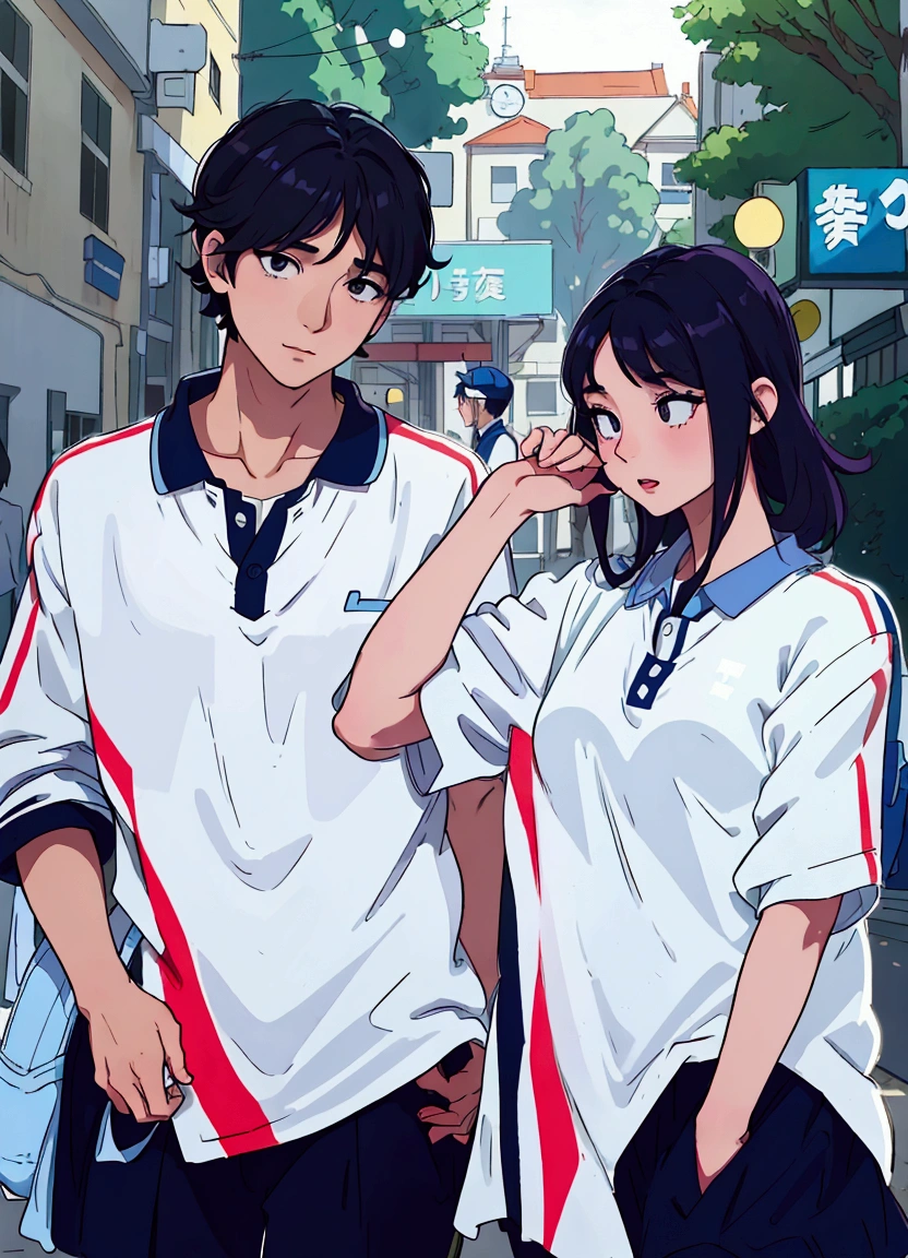 (best quality:0.8) perfect anime illustration, araffe couple in white and blue uniforms walking down a street, jk uniform, wearing polo shirt, wearing school uniform, wearing a volleyball jersey, cai xukun, japanese school uniform, wearing japanese school uniform, wearing a school soccer uniform, official, lovely couple, huang yuxing and aya takano, school uniform, wearing a school uniform, magic uniform university