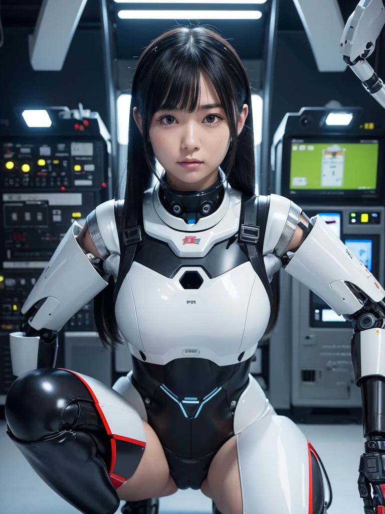 masterpiece, Highest quality, Very detailed, Japaese アンDroid girl,Portraiture,Plump,Thick,Control panel,アンDroid,Droid,Mechanical Hand, robotの腕と脚, Black Hair,Blunt bangs,perfect robot girl,Long tube,A thick cable was attached to her neck.,アンDroid,robot,humanoid,cyborg,japanese cyborg girl ,robot-assembly plant,She is now assembling,Assembly scene,Chubby,Squat