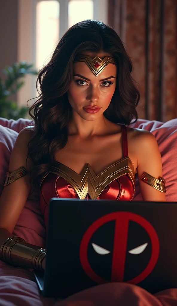 Wonder woman sitting on Deadpool laptop and enjoying 