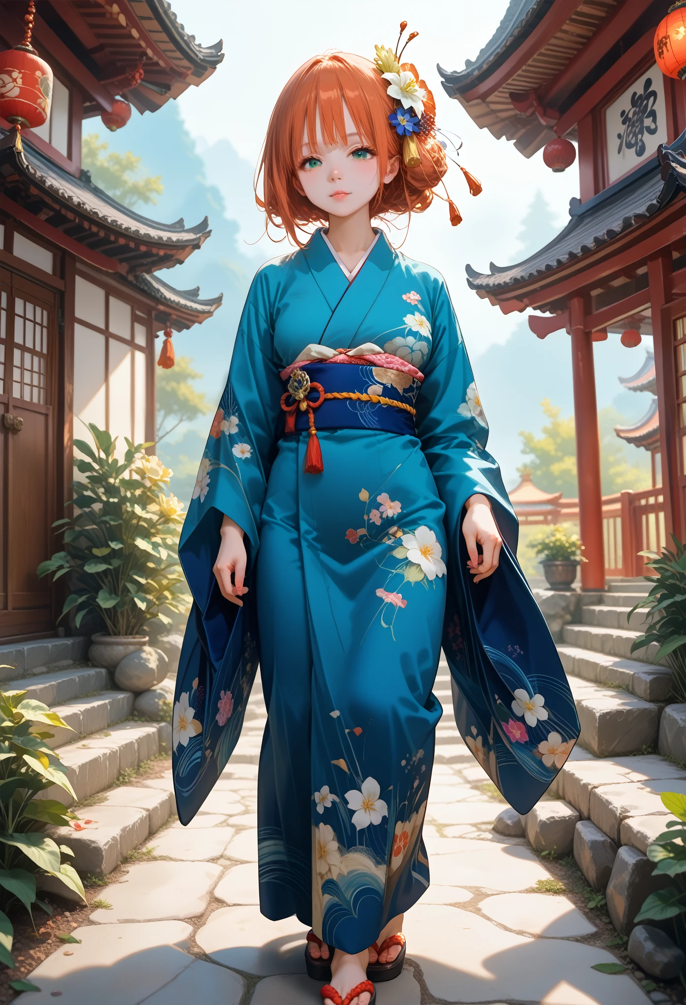 1 girl, One, above, (White lily flowers), aesthetic, difficult, Best quality, detailed background, Sayaka Myka, ((girl wearing a patterned teal kimono:1.2)), (Walking in a Zen Garden), everyday pose, detailed textures, posing, fЛораl print, hair flower, hair ornament, japanese clothing, kimono, heart, on open air, pagoda, petals, (teal kimono), sash, shrine, sky, stone staircase, tory, wide sleeves, Yukata Masterpiece, Shine, score_9, score_8_up, score_7_up, best quapoty, highres, source_アニメ