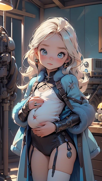 (((1 infant:1.4))), (Baby Face), (Round face), (a bit chest), (Turquoise long hair:1.2, Large forehead:1.2), Turquoise Hair, Shiny Hair, (beautiful Big eyes:1.3), Complex eyes,Beautiful attention to detail,Symmetrical eyes,Big eyes:1.5,(Turquoise Eyes:1.2), Very detailed cute anime face, Clear pale blush, Dark brown skin, alone,🦄,🌈,cute,(((Shiny skin:1.5,Sunburned skin,Light Skin: 1.5,Sunburned skin,Glowing Skin,very Glowing Skin,Shiny body))),((Browsing Caution)),((a bit ,Little))),((Tiny little body)),,((((6 years old)))),((Flat Chest)),(((doll))),((doll joints:1.5,Machine needle:1.5)),((Tesla coil)),((Machine body:1.5,Metallic Skin,Ball Joint,cyborg:1.5, robotic parts:1.5,robot:1.5,Mechanical joint: 1.4,Mechanical Limbs)),
mini skirt,(belly button),(Snowflake Wreath),Winter clothes,(((blue fur coat,blue fur coat Costume,wearing a blue fur coat:1.3,Blue winter coat)))(((White and blue themed clothing:1.2,Complex Costume,Complex clothes,Embroidered, Costume,ornate Costume,Embroidered clothes,Glamorous clothing))),
(Dynamic pose:1.0),Embarrassing,(Centered,Scale to fit dimensions,Three-part method),
internal,indoor,((Cozy steampunk room)),scenery:1.25,((Complex scenery)),((Steampunk décor)),
(光沢のあるSteampunk décor品),High resolution,Sharp focus,(Super detailed,Very detailed),(Photorealistic artwork:1.37),(Very detailed CG unity 8k wallpaper),(((Vibrant colors,Vibrant Themes))),(Complex),(masterpiece),(Highest quality),Artistic photography,(Photography by sldr),(Complex background),perfectly rendered face,Perfect facial details,Realistic Face,Photorealistic,((Complex detail)),(((realism))),Crotch joint