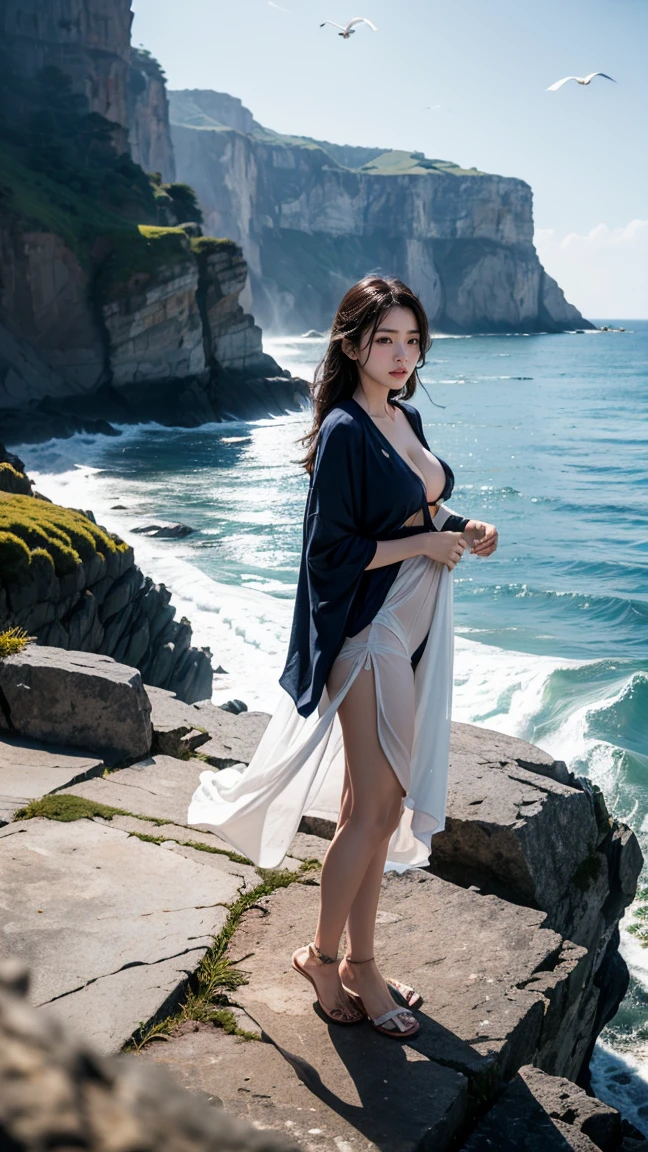 Phi Tai Hong, as a female, standing on the edge of a cliff where she fell to her death, her clothes fluttering in the wind, in the latest Cliff's Edge Phantom skin with the waves crashing against the rocks far below and the cries of seagulls echoing in the distance (having beautiful breasts: 1.33), (having clothes: 1.77).