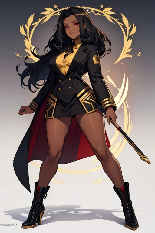 female, black messy long hair, red eyes, dark skin, (((1girl))), (((black and gold lab coat))), (white blouse), (black and gold knee length skirt), (black heels), cute and sexy, full body, large breasts, long legs, smiling