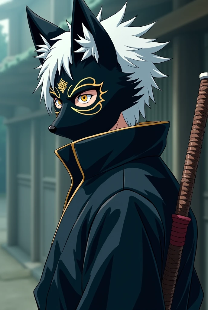 male anbu black fox mask with gold lining at the eye in sideview, wearing akatsuki robe, white hair, and broadsword at back, anime
