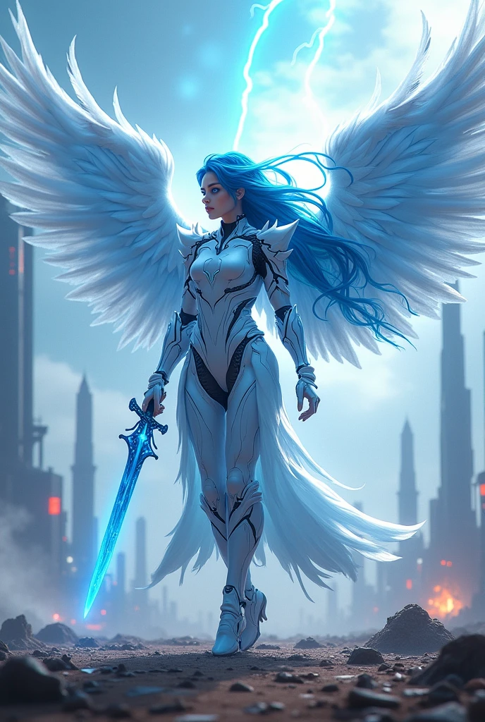blue hear,ice archangel Raphael,war effect,REAL - style image of a woman with a sword in a field, cyberpunk art inspired by Leng Mei, cgsociety contest winner, fantasy art, beautiful cyborg angel girl, angel knight girl, as a mystical valkyrie, battle angel, angel in plastic armor, mechanized valkyrie girl, unreal engine 4k wallpaper, wraith from apex legends, epic angel wings