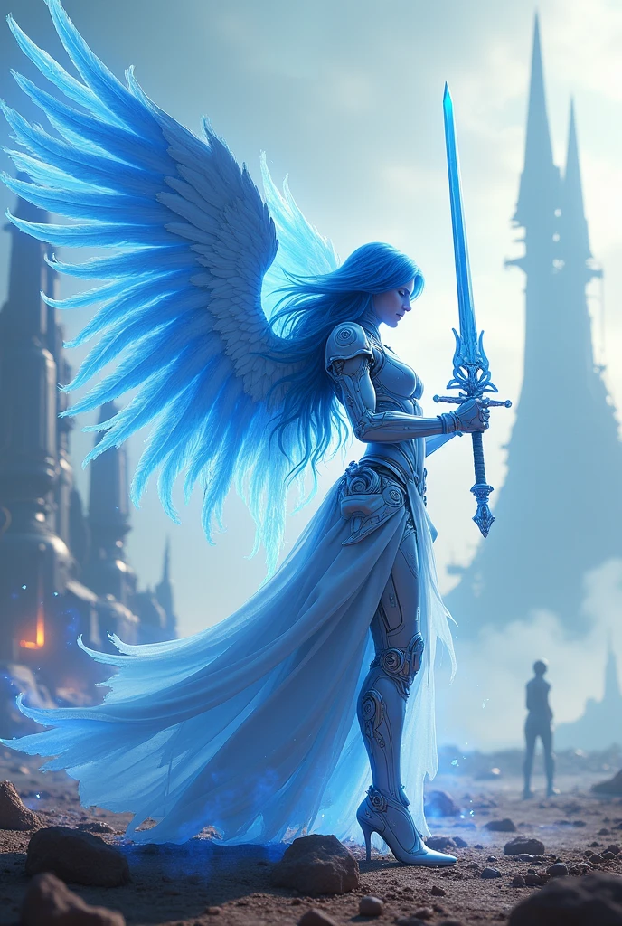 blue hear,ice archangel Raphael,war effect,REAL - style image of a woman with a sword in a field, cyberpunk art inspired by Leng Mei, cgsociety contest winner, fantasy art, beautiful cyborg angel girl, angel knight girl, as a mystical valkyrie, battle angel, angel in plastic armor, mechanized valkyrie girl, unreal engine 4k wallpaper, wraith from apex legends, epic angel wings