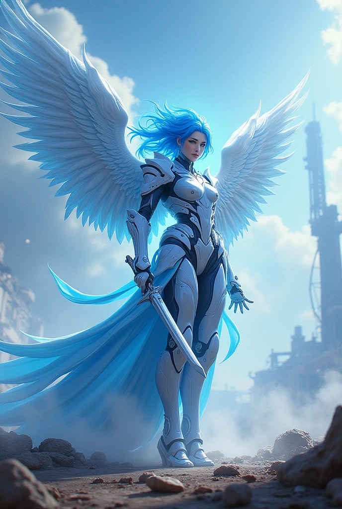 blue hear,ice archangel Raphael,war effect,REAL - style image of a woman with a sword in a field, cyberpunk art inspired by Leng Mei, cgsociety contest winner, fantasy art, beautiful cyborg angel girl, angel knight girl, as a mystical valkyrie, battle angel, angel in plastic armor, mechanized valkyrie girl, unreal engine 4k wallpaper, wraith from apex legends, epic angel wings