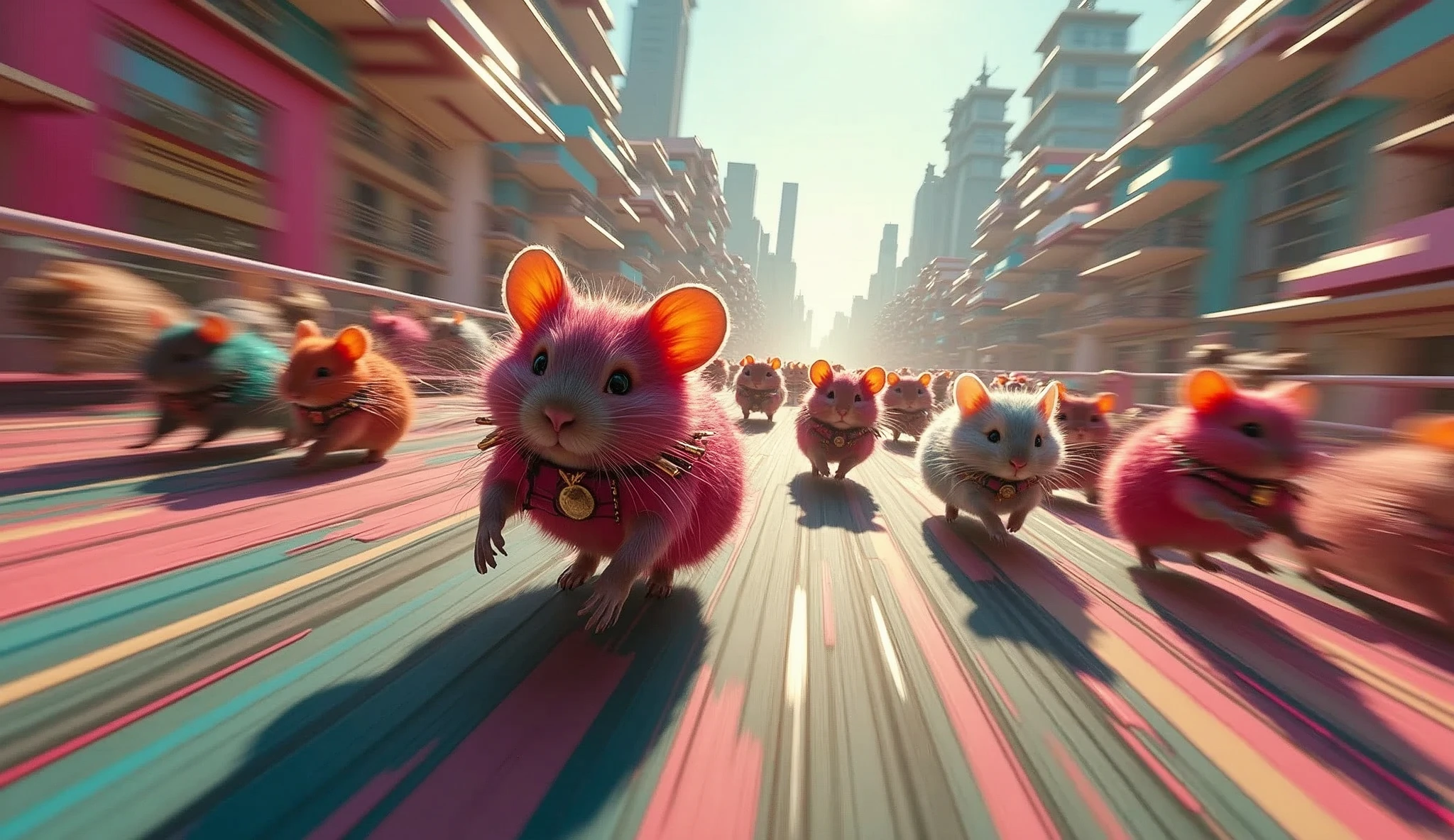 High speed action chase scene, FPV hyper-speed fly through a chinchilla fashion with lots of chinchillas in crazy designer costumes