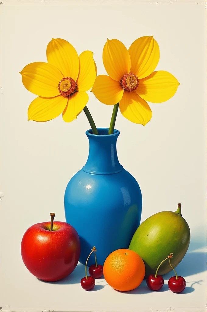 Plain blue vase with 2 plain yellow flowers,  1 red apple, 1 green mango , 1 ripe orange and 2 cherries in oil