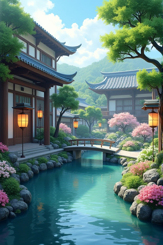 Japanese palace courtyard, no people, river, and flowers