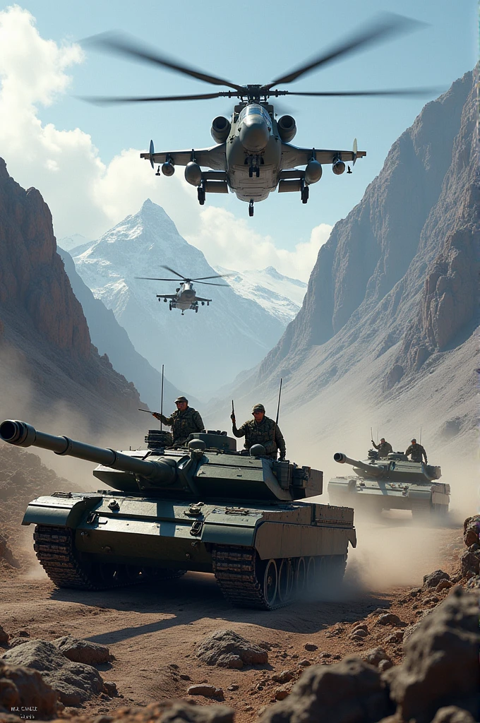 Mountainous Battlefield field realistic high quality T 90 tanks, Sukhoi 30 fighter jet, Apache helicopters ,and a platoon matching together