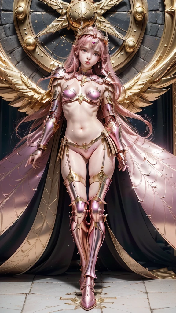 a close up of a girl in a pink costume with wings, knights of zodiac girl, elegant pink body, sleek pink armor, pink metallic goddess athena, the sailor galaxia. beautiful, venus godness athena, wearing witchblade armor, light gold armor, shiny golden bikini, angelic pink armor, pink body, golden armor, portrait knights of zodiac girl, body pink metallic armor, usando biquíni armadura, (full body:1.8), (upper body up:0.3), (hyper realistic:1.4), (realistic:1.3), (best quality real texture skin), Detailed eyes, detailed face, PERSEPHONE, (SFW:1.5) Hyperrealistic, LESS saggy breasts, (SMALL BREASTS:1.5), (HUGE LEGS:1.5), (huge huckle:1.5), (LESS THIGHS:1.5), pernas perfeitas, pernas perfeitas, pernas lisas, pernas lisas e perfeitas, pernas torneadas, coxas torneadas, pernas lisas, coxas lisas. (pose erótica:1.5), (sobrancelhas espessas:1.5), (Grandes olhos roxos:1.5), (olhos ultra detalhados:1.5), (Olhos de alta resolução:1.1), (textura de pele ultra detalhada:1.4), (Belo corpo tonificado:1.5), arco de cabelo, (Pele úmida:1.0), (rosto sensual:1.8),