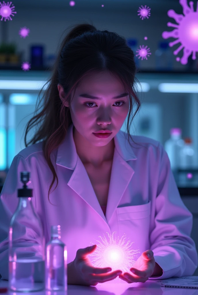 A scientist figuring out something in biotechnology purple aura a woman focus on the biotechnology 