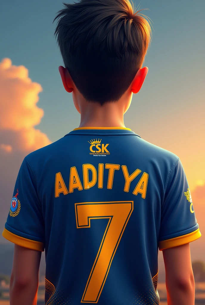A boy t shirt written the name Aaditya back side of t shirt and down side written 7 number in csk ipl t shirt and t shirt up side written csk in yellow colour in 3d