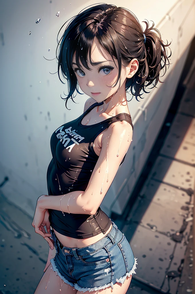 ((masterpiece)), (Professional photography:1.2), (HD:1.3), Portrait Photography, best quality, 8K, From the front, (Simple black T-shirt), Cute teenage girl, Super cute face, Light brown medium length hair, (flat chest), Pale skin, blush, Smile, Standing on White background, Hands on Hips, (shorts),Cute girl . so cute , Round Face . Solitary , Slim , Medium breasts , Short stature . Glowing skin . Pure white Tube Top T-shirt . shorts . Dynamic poses . Dynamic Angle . No background , White background , Looking at the audience,(((Clothes are wet)))liquid in butt、Fluid on the thighs、Flowing liquid(attractive butt:1.2),、exposed、Disheveled、Comfortable to wear,exposed breasts、(((Clothes are wet))),Tube Top,(((Ultra-thin clothing))),(Body model),((Body Contouring)),(stride),Grin, blush,Overactive Expression,crotch friction,Vulvar bulge,Vulva outline,Chest contour,Open the butt flap with both hands,Round Face,baby face,Sweat, Tears,Severe tremors,Heavy breathing,Awkward,Proudly,barefoot,Very thin limbs,Breast swelling is imminent,butt,Ripped denim mini skirt,arrogant,belly button,I peed a little,とてもI have a strong urge to pee,Wet underwear,Accurate and clean female fingers,Very thin limbs,身材非常Short stature,Very boyish body shape, Sultry body,Awkward,(Very blush, I'I很兴奋, Happy, Smile, open mouth), Her little breasts were almost swollen..,I really want to go to the toilet,Heavy urine output,incontinence,I的身体正在抵抗强烈的排尿.,I have a strong urge to pee,Pass through