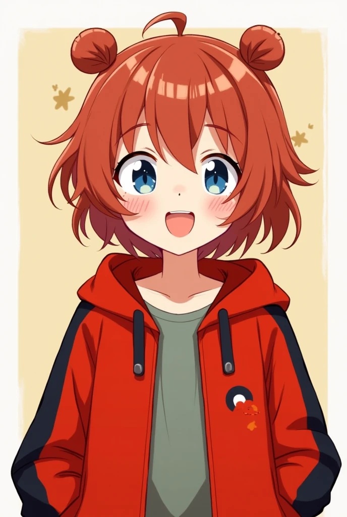 Red-brown hair。Medium-short hair with outward curls bouncing around。Smiling with droopy blue eyes。Wearing an oversized hoodie and headphones。The background is simple。The hoodie is mainly red with black on the arms and hood.。The parka is a jacket type.、Open。A simple, blank, greyish greenＴWearing a shirt。