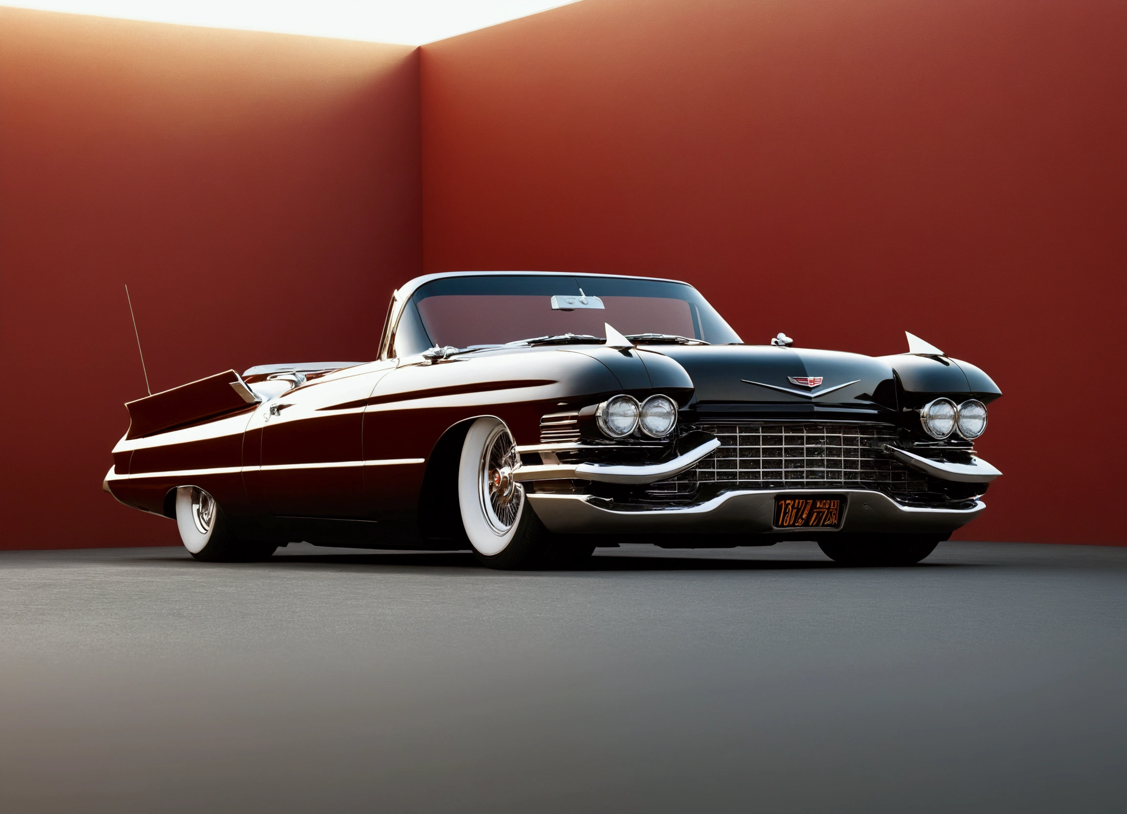 DIAGONAL and distant CAMERA, full image of A beautiful 18 year old girl driving inside a 1959 Cadillac Eldorado Biarritz convertible hot rod, futuristic style, rounded corners, MIRRORED COLOR METALLIC reflective, METALLIC MIRROR COLOR, EXTREMELY POLISHED AND MIRRORED PAINTING, MIRROR PAINTING, Hot rod style , film style stalone cobra, the painting reflects the sunlight, reflection of light shine on painting, has a THICK AND WIDE wheel in the color GOLD star, has GOLD star color wheel, thick and ridiculously wide and turned sports wheels, GOLDEN AND POLISHED WHEELS, It has gold wheels, ridiculously lowered front suspension, inside an INTERIOR garage with white walls, image in diagonal pose, masterpiece, whole image