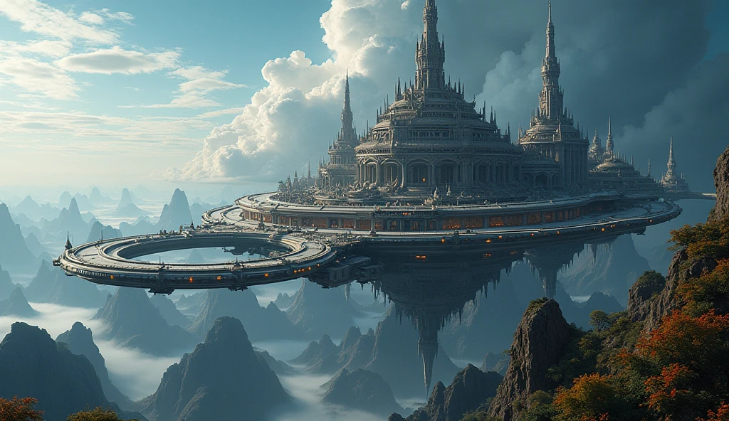 A future space city orbiting around the Earth, overlooking the planet below. The architectural style combines Gothic architecture with technology, wild sci-fi complex architectural details, space, Chongqing architectural features, and Shanghai architecture