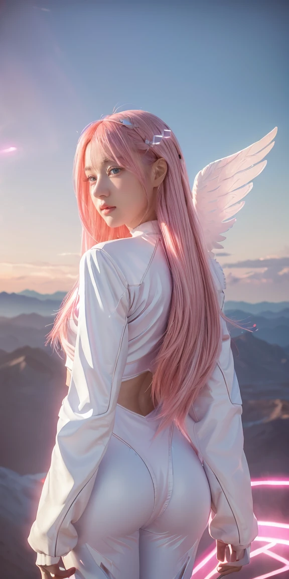 ((masterpiece, best quality, extremely detailed), volumetric lighting, ambient occlusion, colorful, glowing), 
1girl, solo, young girl, (pink hair), long hair, halo, aura, sacred, godness, cyber suit, (white outfit:1.3), android, bot, angel wings,
outdoors, sunset, sky, clouds, space, (cyberpunk theme:1.2),