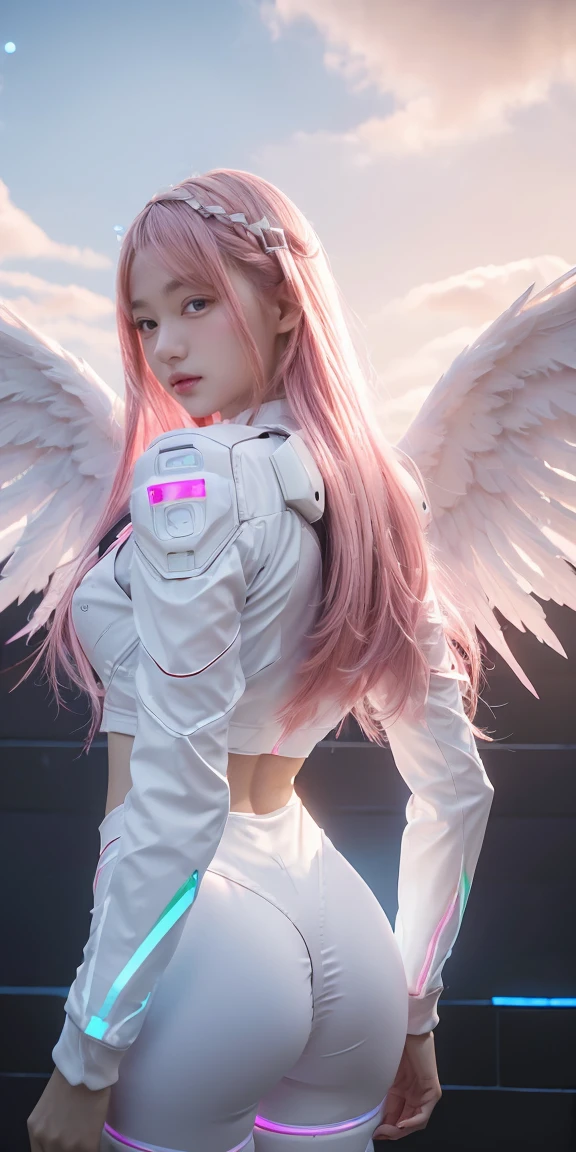 ((masterpiece, best quality, extremely detailed), volumetric lighting, ambient occlusion, colorful, glowing), 
1girl, solo, young girl, (pink hair), long hair, halo, aura, sacred, godness, cyber suit, (white outfit:1.3), android, bot, angel wings,
outdoors, sunset, sky, clouds, space, (cyberpunk theme:1.2),