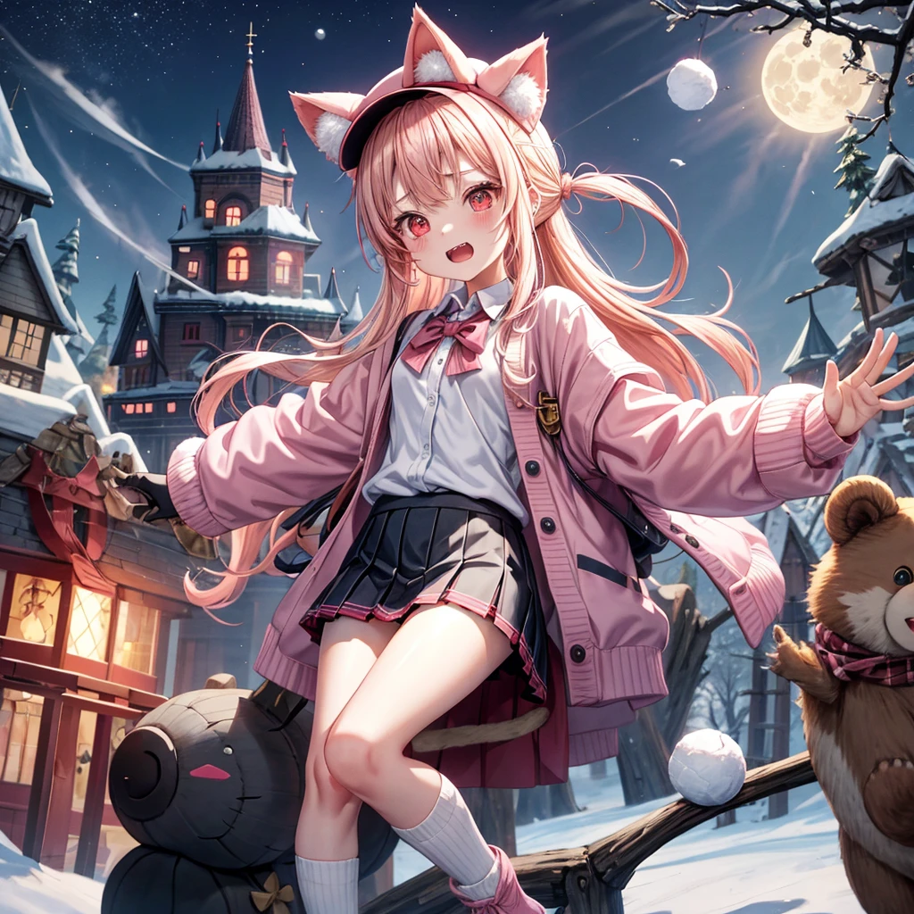 Pink Blonde、Red eyes、Hair tied up、Two cute、Checked mini skirt、black t-shirts、cardigan、coat、Knee-high socks、bear ears baseball cap、Burning Full Moon、The tree is dead、Snowballs are piling up、Cat Snowman、Teeth are visible、Monster Castle、Tilting face、crossing the bridge