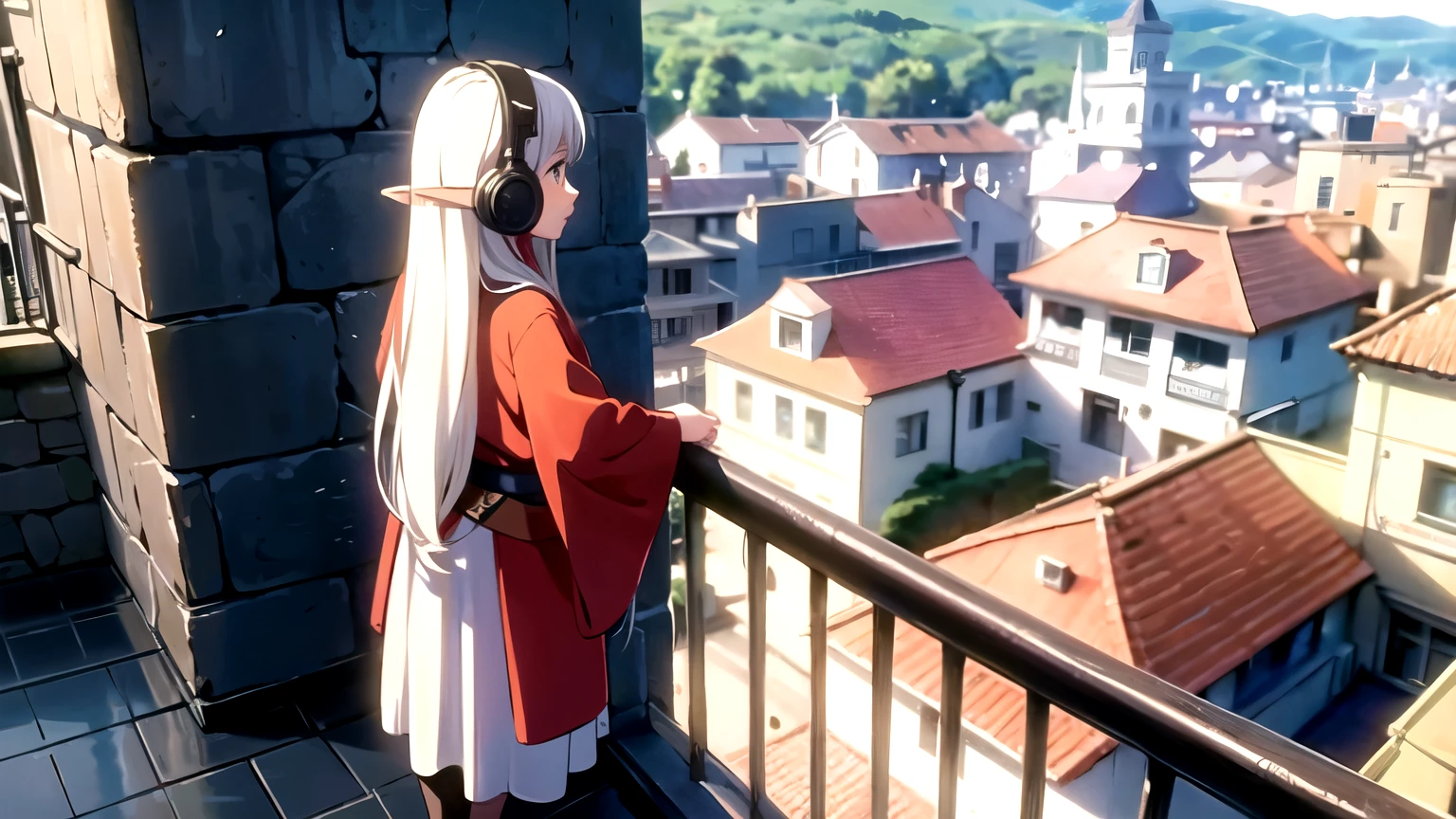 elf girl with white hair, wearing medieval dress, wearing headphone, standing on balcony in high tower, watching medieval town below.
