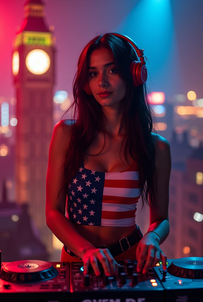  Female Indian DJ, USA flag clothes, Peculiar, Vibrant appearance, Have big breasts, Playful accessories, creative, Imaginative, Sensual, Voluntary, DJ headphones, Mixing Console, Music Clubs,  with in the background big ben  London, Skin Texture, Intricate details, (Cinema Lighting),  Photo RAW, 8K