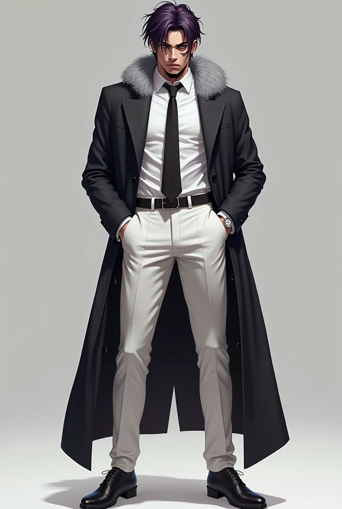 a 21-year-old male, standing at around 1,85cm with a muscular build, tanned skin, short wavy dark purple hair, black eyes, and a prominent scar running from his left eye down his lips and chin. He's dressed in a white collared shirt with a matching tie, a dark coat that has grey fur on his shoulders, white formal pants, and white shoes, with a silver watch on his left wrist.
Quincies from the Bleach Manga as reference.