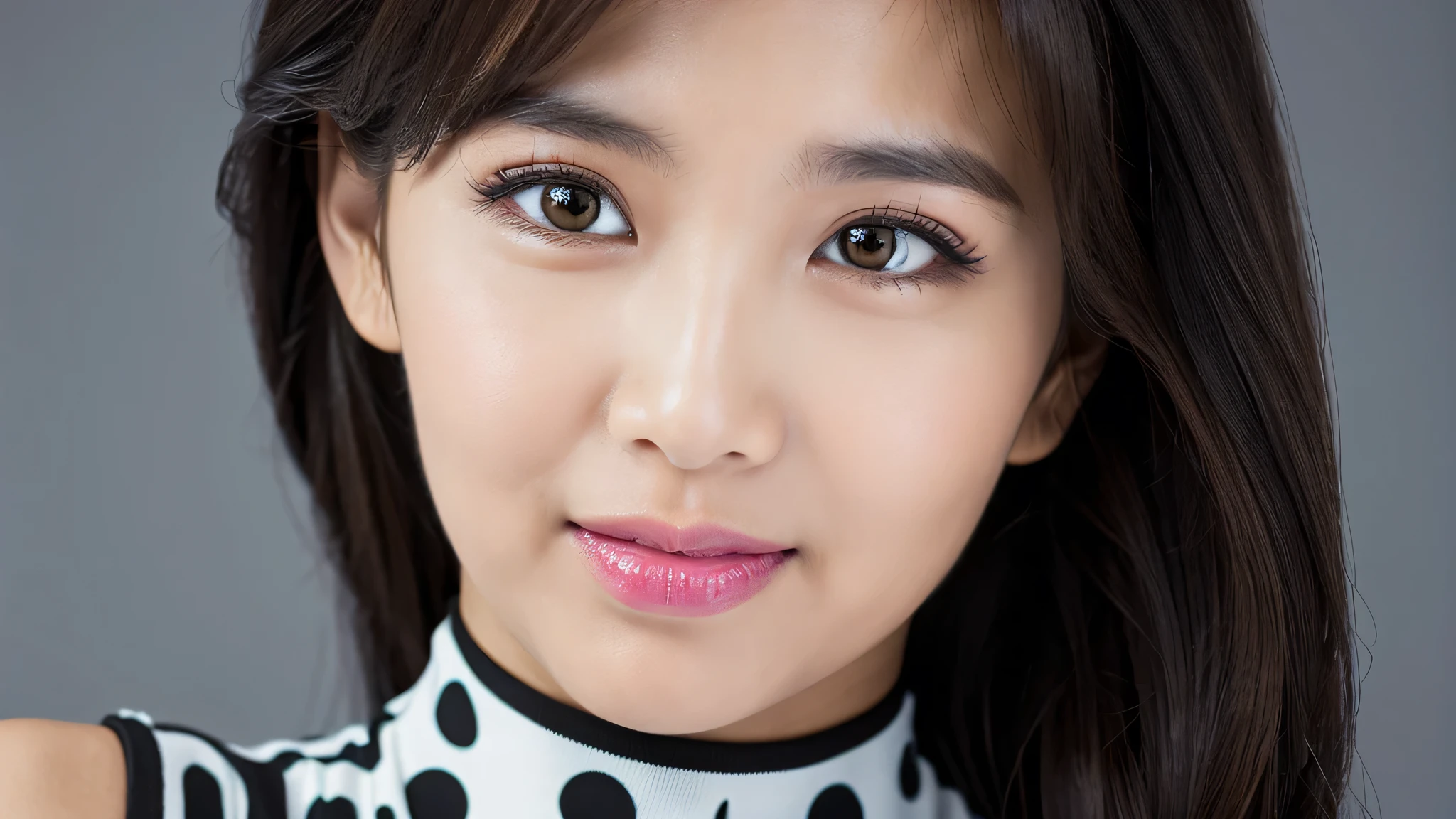 (Detailed face),vivid,A lightweight sleeveless turtleneck dress with black and white polka dots,4K,Ultra-high resolution,(Photorealistic:1.7),Gray background,Black long hair,