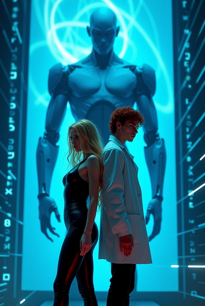Creer une image de femme vampire ninja au cheveux blonds et un jeune homme très beau de cheveux boucler couleur roux en tenue de scientifiques blanc ils ce met dos-à-dos et un gros image projetée de robot cybernetique tout en bleue dessus d'eux la salle est pleine de code informatique qui volent tout en bleu