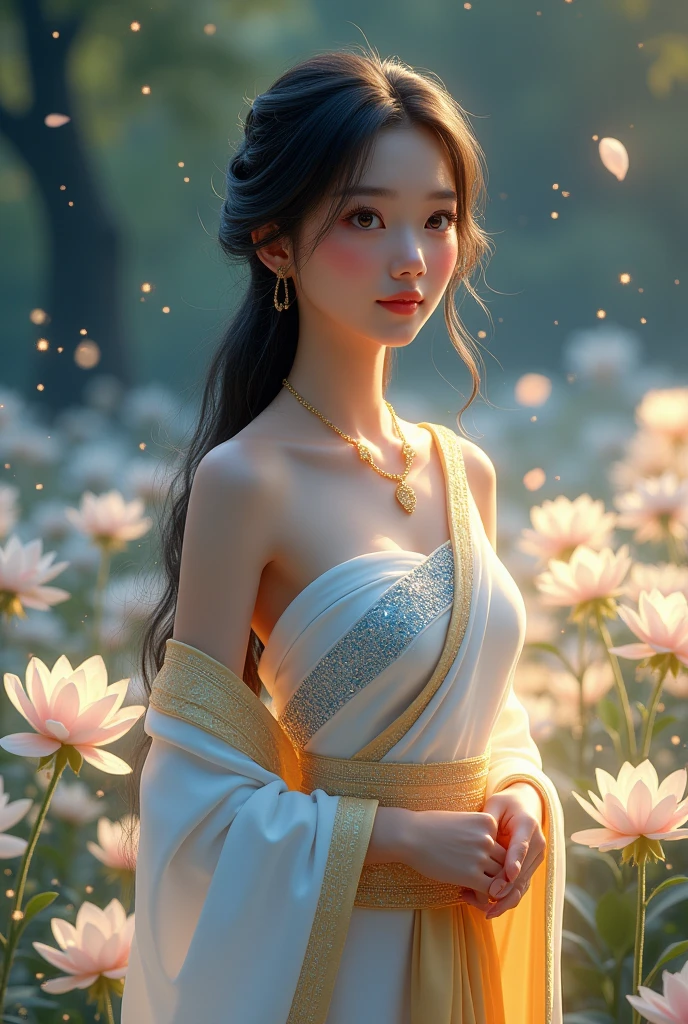 In the wind of the evening stars, of the evening stars, blowing small white flower petals, full-body picture of a beautiful, sweet young woman, 25 years old, wearing a Thai Dusit dress, white with a blue-gold sparkle, wearing a gold sarong, a white silk shawl, glowing and shimmering, with long black hair, tied loosely. The scene is beautiful like a dream, a jasmine garden scene, white, pink, glowing and shimmering light, 3D picture, oil painting, sharp picture.