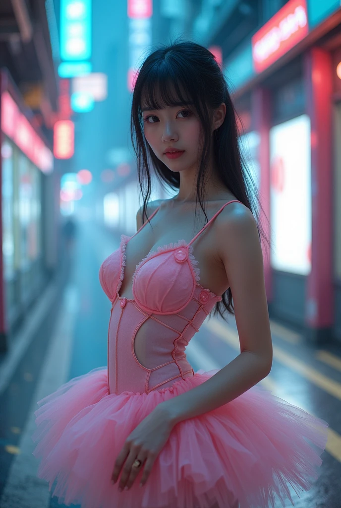 Cute Japanese AV actress in a futuristic city、In a futuristic dress、32 years old
