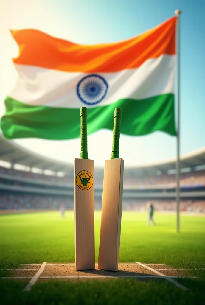 Indian Independence day poster with saffron, white & green colors on each of the 2 wickets used in cricket game with indian flag in the background