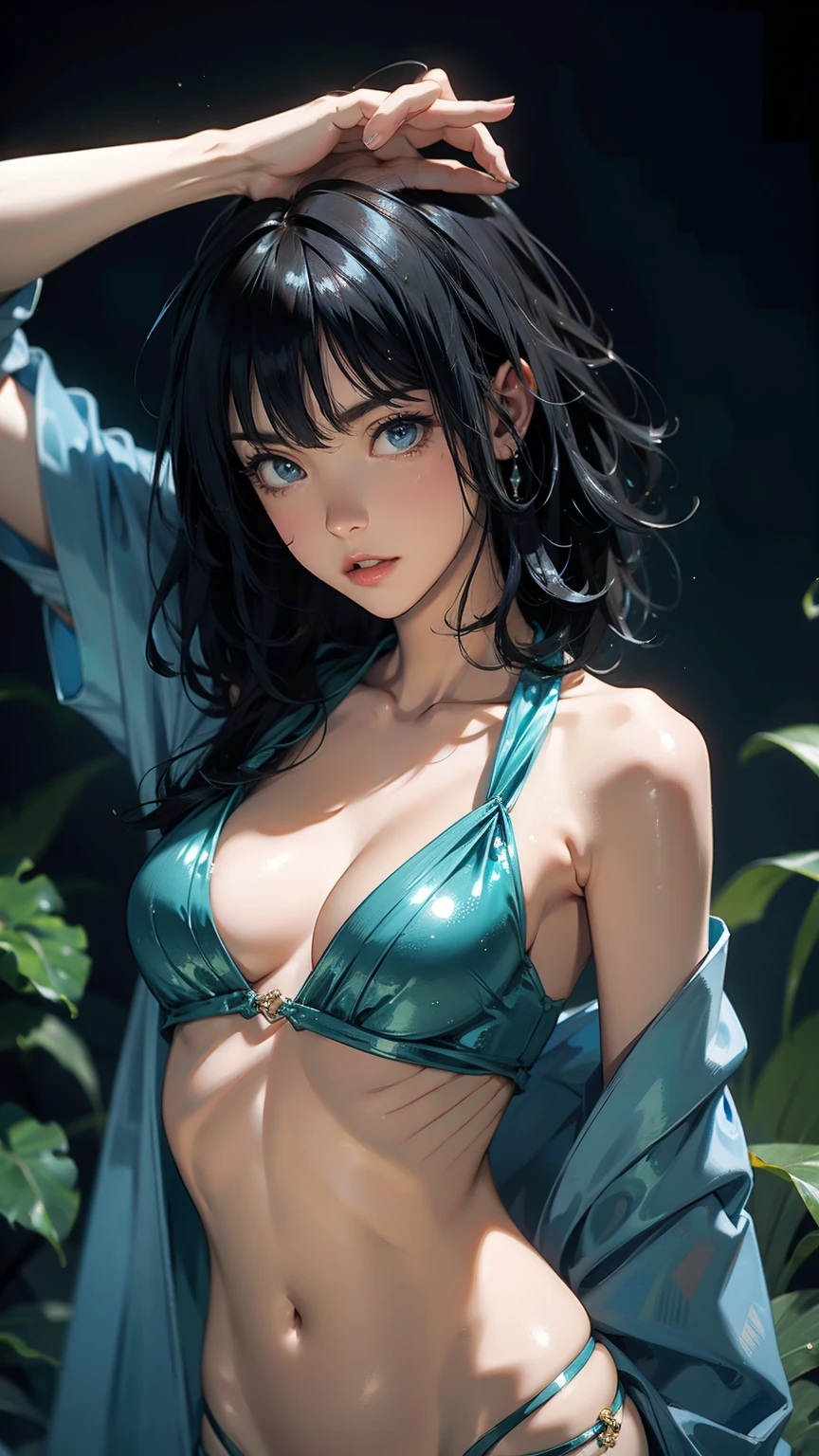 （lifelike， high - resolution：1.3）， 1 girl with a perfect body，slender body, Super fine face and eyes，assasin, dark makeup, shiny skin， blue green hair, blue highlights, blunt bangs, (toned stomach)，Expose cleavage, (bracelets, tooth jewelry, a lot of necklaces, very long necklaces, necklaces down to stomach, body chains, waist chains, slender body, skinny), (post apocalyptic future, jungle wasteland. torn clothes, torn to shreds kimono, katana), (wet skin, shiny skin), small breasts, (((savagelands, katana)))