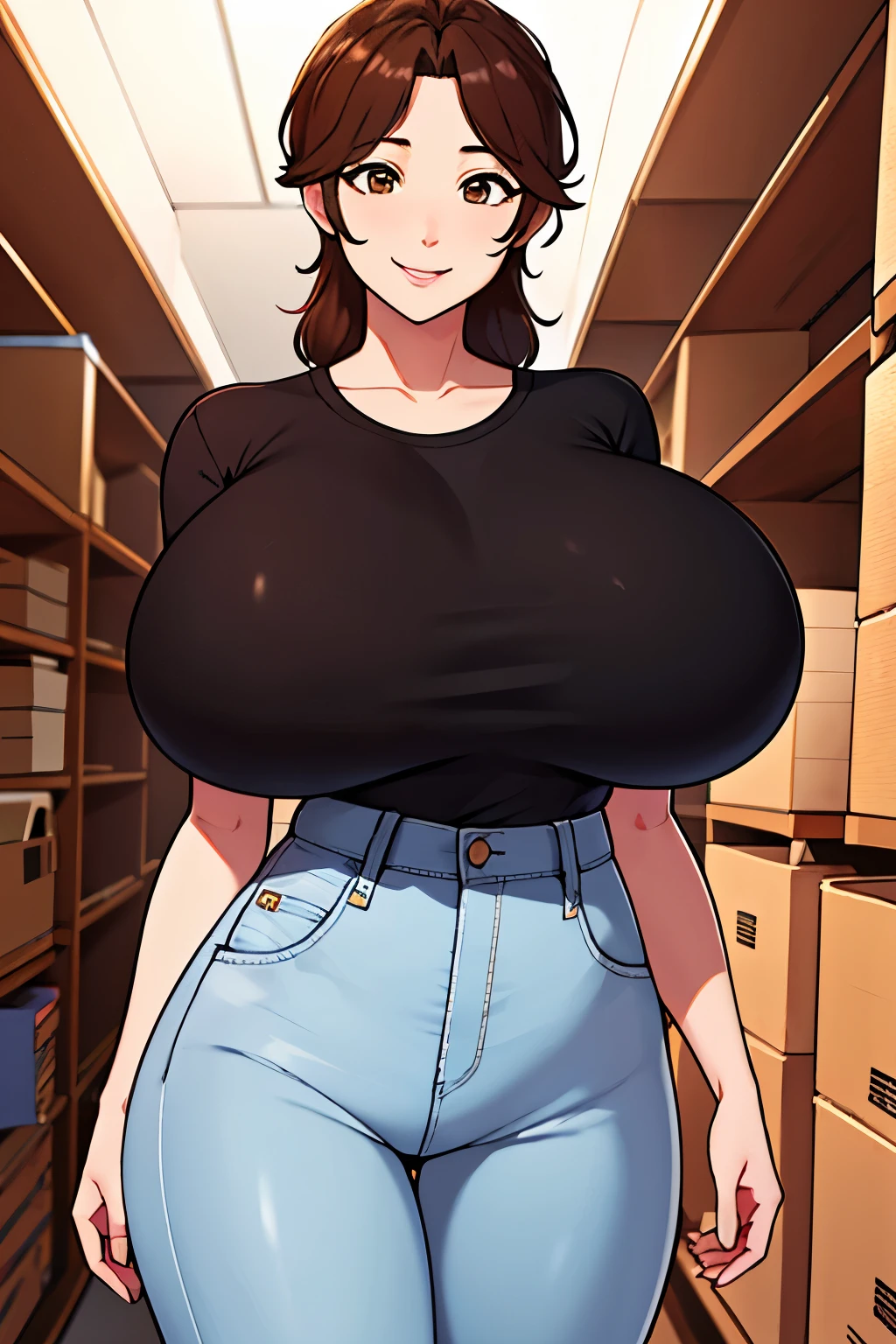 (超High resolution,4K,Very detailed, photograph, 8k, High resolution, High resolution, Absurd:1.2),35-year-old Japanese woman,expensive,Beautiful character design,Beautifully detailed eye depiction,Perfect Face,Expressive eyes,Brown eyes,smile,White T-shirt,Denim pants,(Huge breasts:1.1),Tight waist,In the storage shed,evening,Are standing