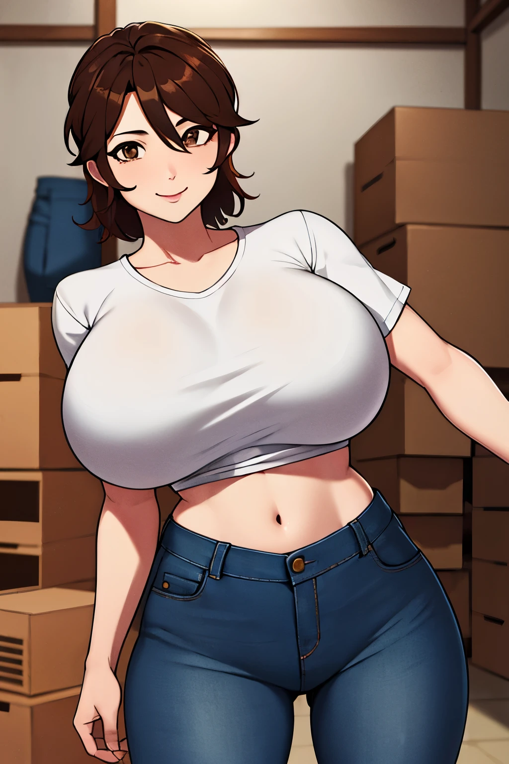 (超High resolution,4K,Very detailed, photograph, 8k, High resolution, High resolution, Absurd:1.2),35-year-old Japanese woman,expensive,Beautiful character design,Beautifully detailed eye depiction,Perfect Face,Expressive eyes,Brown eyes,smile,White T-shirt,Denim pants,(Huge breasts:1.1),Tight waist,In the storage shed,evening,Are standing