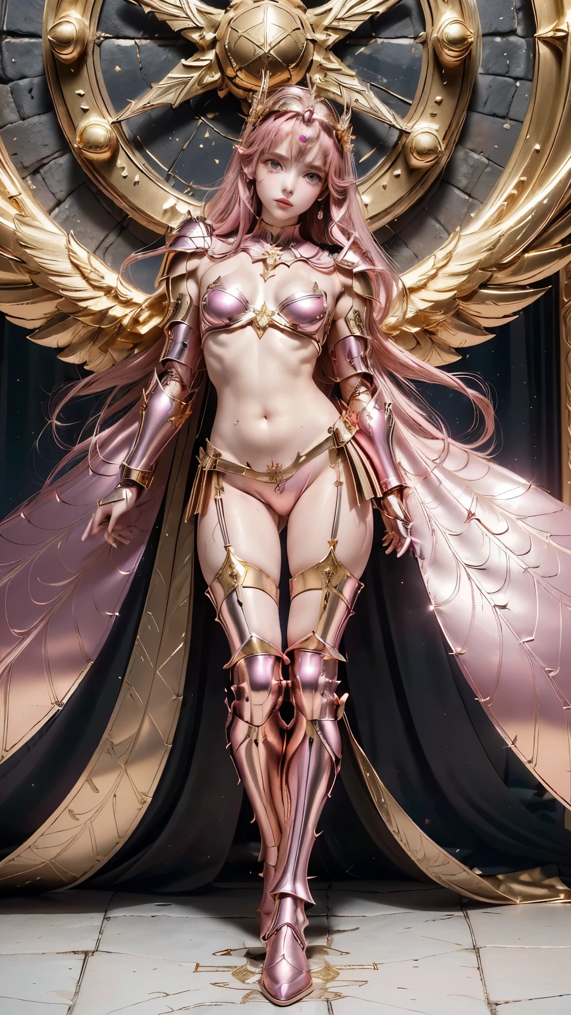 a close up of a girl in a pink costume with wings, knights of zodiac girl, elegant pink body, sleek pink armor, pink metallic goddess athena, the sailor galaxia. beautiful, venus godness athena, wearing witchblade armor, light gold armor, shiny golden bikini, angelic pink armor, pink body, golden armor, portrait knights of zodiac girl, body pink metallic armor, usando biquíni armadura, (full body:1.8), (upper body up:0.3), (hyper realistic:1.4), (realistic:1.3), (best quality real texture skin), Detailed eyes, detailed face, PERSEPHONE, (SFW:1.5) Hyperrealistic, LESS saggy breasts, (SMALL BREASTS:1.5), (HUGE LEGS:1.5), (huge huckle:1.5), (LESS THIGHS:1.5), pernas perfeitas, pernas perfeitas, pernas lisas, pernas lisas e perfeitas, pernas torneadas, coxas torneadas, pernas lisas, coxas lisas. (pose erótica:1.5), (sobrancelhas espessas:1.5), (Grandes olhos roxos:1.5), (olhos ultra detalhados:1.5), (Olhos de alta resolução:1.1), (textura de pele ultra detalhada:1.4), (Belo corpo tonificado:1.5), arco de cabelo, (Pele úmida:1.0), (rosto sensual:1.8),
