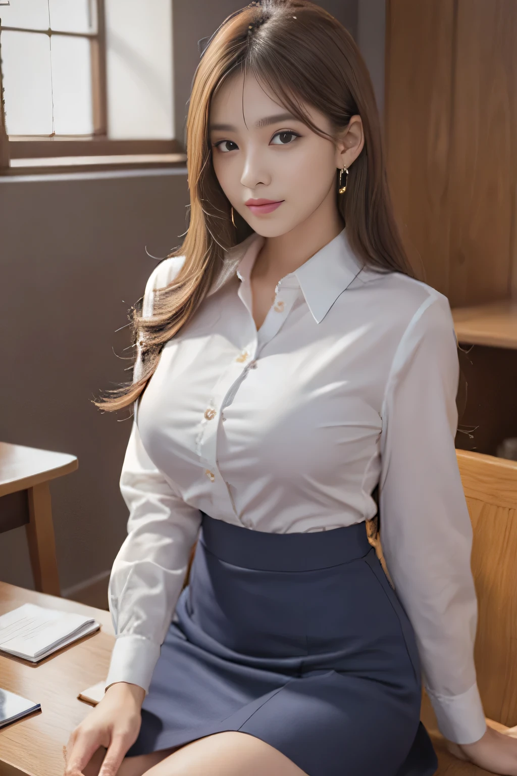 (Highest quality, 8k, 32K), masterpiece,(Ultra-high resolution,Realistic:1.4,RAW Photos), 1 personの, news caster、Big Breasts, long hair 8k, masterpiece, RAW Photos, Highest quality, Realistic, Highly detailed CG Unity 8k wallpaper, Written boundary depth, Cinematic Light, Lens flare, Ray Tracing, (Very beautiful face, Beautiful Lips, Beautiful Eyes), Intricately detailed faces, ((Highly detailed skin)) 1 person, cute, K-POPアイドル, Very beautiful Japanese models,Fine skin,Realistic skin, Lip gloss,Rouge,Long Straight Hair,Pixie Cut,conference room、(White collared shirt)、(Navy blue tight skirt)、, Beautiful fingers, Beautiful Hands, fingertip, nail, No earrings