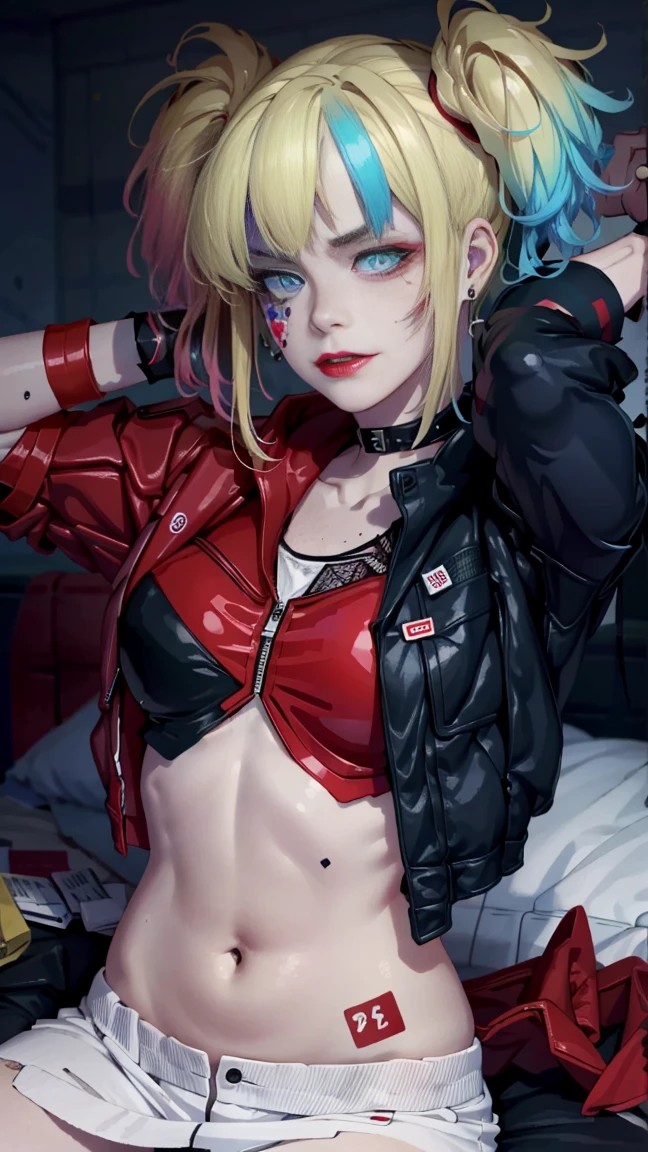 Harley Quinn from Suicide Squad 2016,1 , big tits, (((triple D cup breasts))), holds baseball bats behind his neck, big ass, full body dress, hide, slender body, short hair, sexy eyes, foreground, I look at the viewer, 8 K, high quality , very detailed eyes, Long face, Cyberrealism, beautiful eyes, realistic, SLR camera, Cabelos de high quality, Thick, inclined, room , portrait, Perfect eyes , silky hair, slender body, hair on one side, Hot lips, eyes are the same size, Young face, high legs, very detailed eyes, shiny body, tattoos, pink hair, detailed eyes, freckles, Eyes of the same color,  sexual, face to face, big breasts, split, big breasts, blushing, masturbation, lying, lie on the bed, flowers, Grab your breasts, sit on a box in abandoned fabric, lower chest, visible navel,