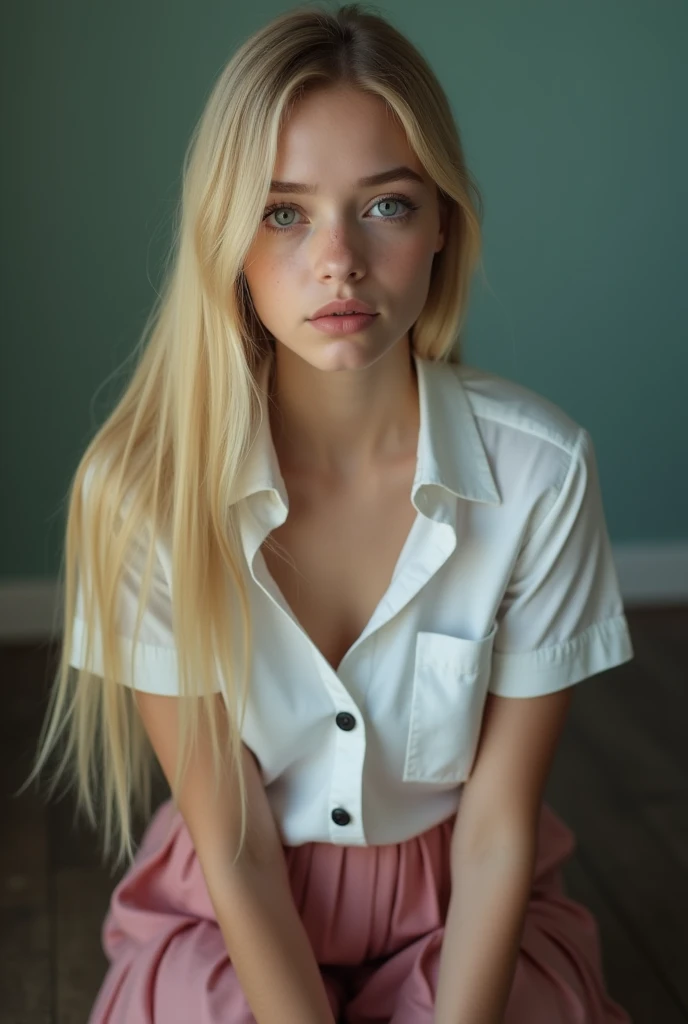 seductive, nude, horny, sexy, cum, close up 1girl in, 18 years old ager, Solo, Aesthetic artwork, blond, straight blonde hair, super long blonde hair, light blue-grey eyes, some small freckles, pale skin, small breasts, runners body, (thin hips, thin waist: 1.25), detailed skin, shy smile, (full body: 1.1), (action shot kneeling: 1.25), wearing a short sleeve button down white blouse, Buttons are undone and blouse is open, short pink pleated skirt, school girl uniform,24mm, 4k textures, soft cinematic light, RAW photo, photorealism, photorealistic, intricate, elegant, highly detailed, sharp focus, ((((cinematic look)))), soothing tones, insane details, intricate details, hyperdetailed, low contrast, soft cinematic light, dim colors, exposure blend, hdr, faded,
