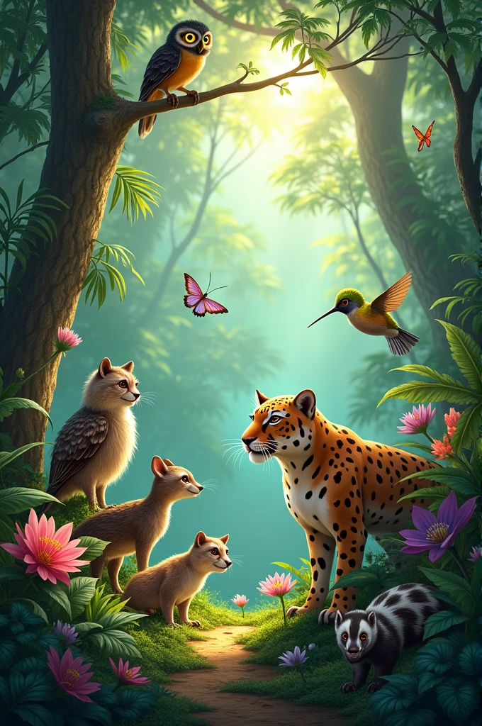 A tropical forest where an owl, a butterfly, a hummingbird, a panther and a badger live happily together.