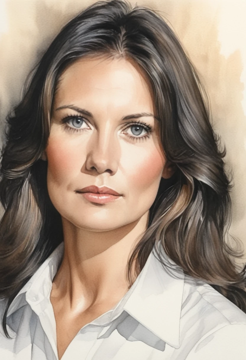 drawing of the face of a 35 year old woman,long hair,dark haired,white satin shirt