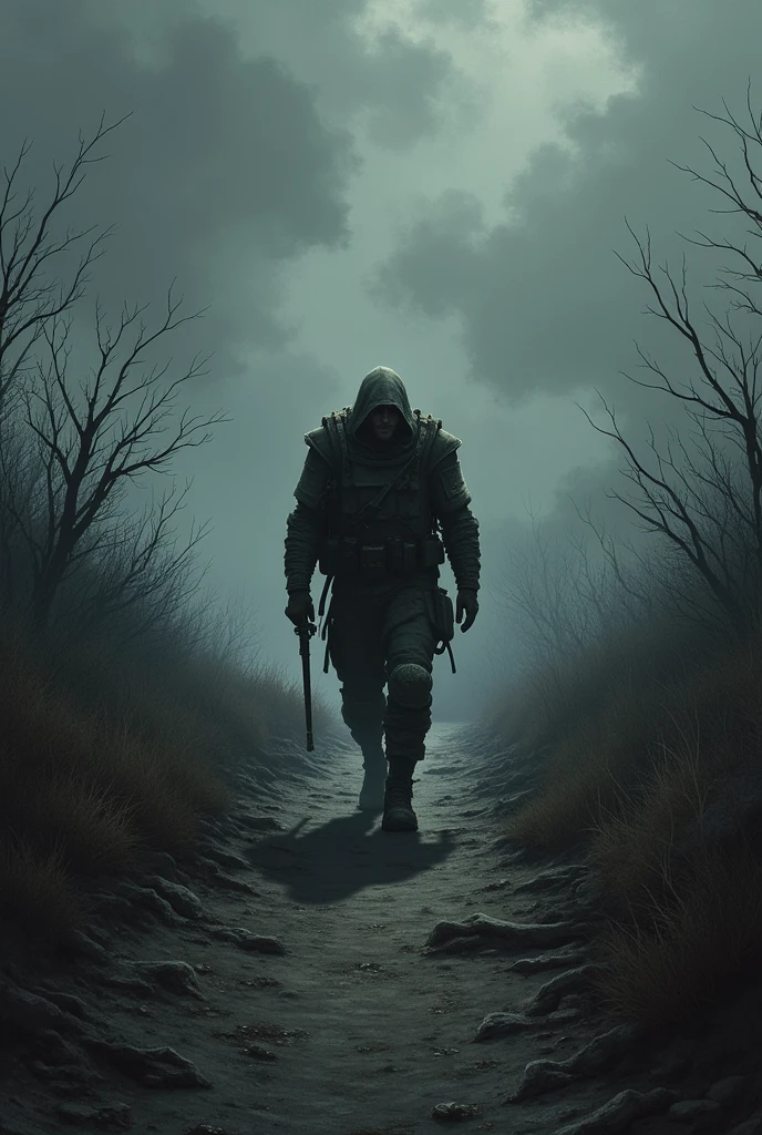 A beaten soldier walks a dark path