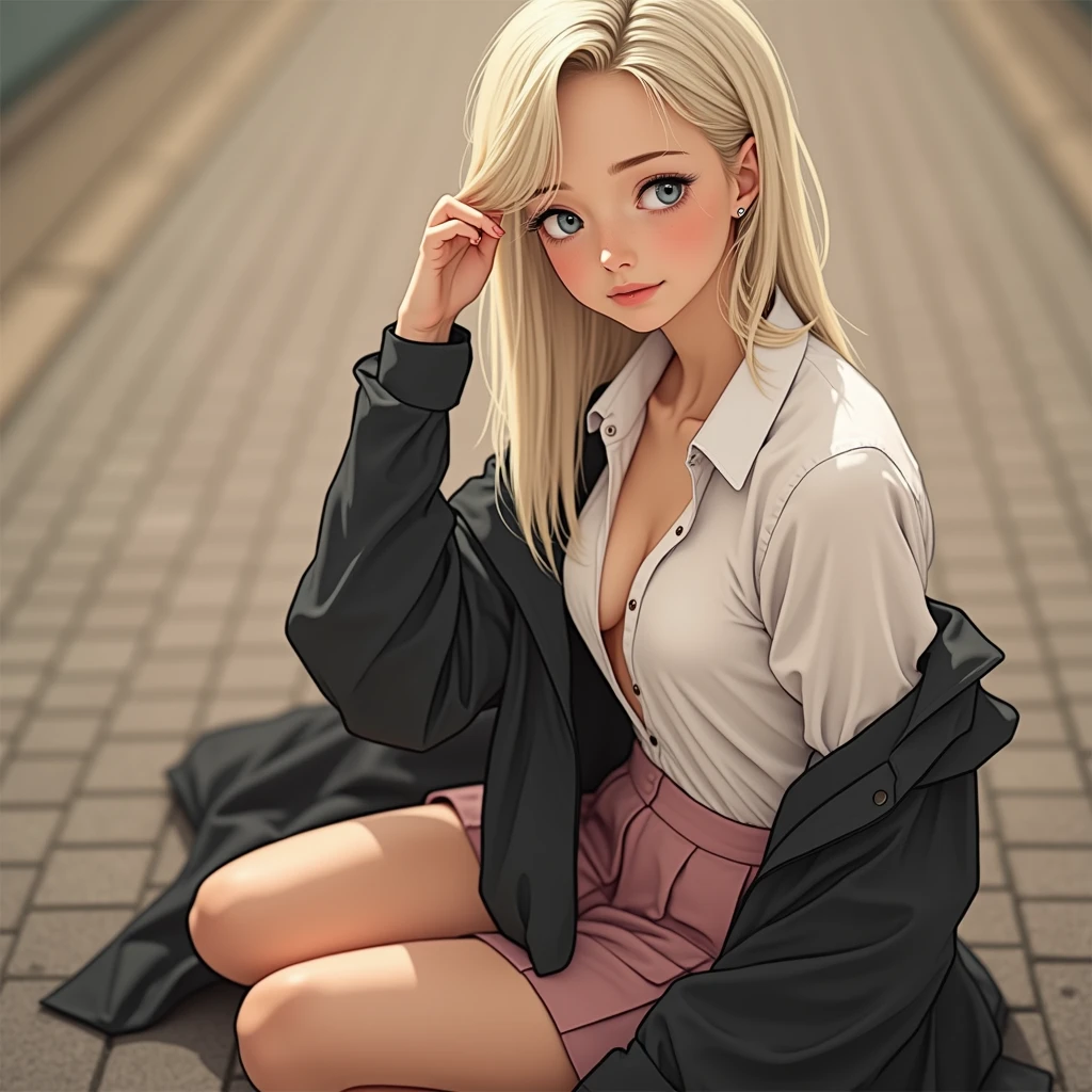 seductive, nude, horny, sexy, cum, close up 1girl in, 18 years old ager, Solo, Aesthetic artwork, blond, straight blonde hair, super long blonde hair, light blue-grey eyes, some small freckles, pale skin, small breasts, runners body, (thin hips, thin waist: 1.25), detailed skin, shy smile, (full body: 1.1), (action shot kneeling: 1.25), wearing a short sleeve button down white blouse, Buttons are undone and blouse is open, short pink pleated skirt, school girl uniform,24mm, 4k textures, soft cinematic light, RAW photo, photorealism, photorealistic, intricate, elegant, highly detailed, sharp focus, ((((cinematic look)))), soothing tones, insane details, intricate details, hyperdetailed, low contrast, soft cinematic light, dim colors, exposure blend, hdr, faded,